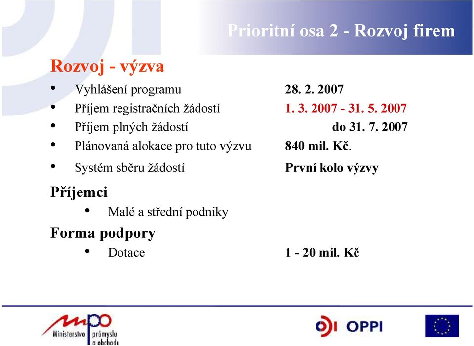 2007 Plánovaná alokace pro tuto výzvu 840 mil. Kč.