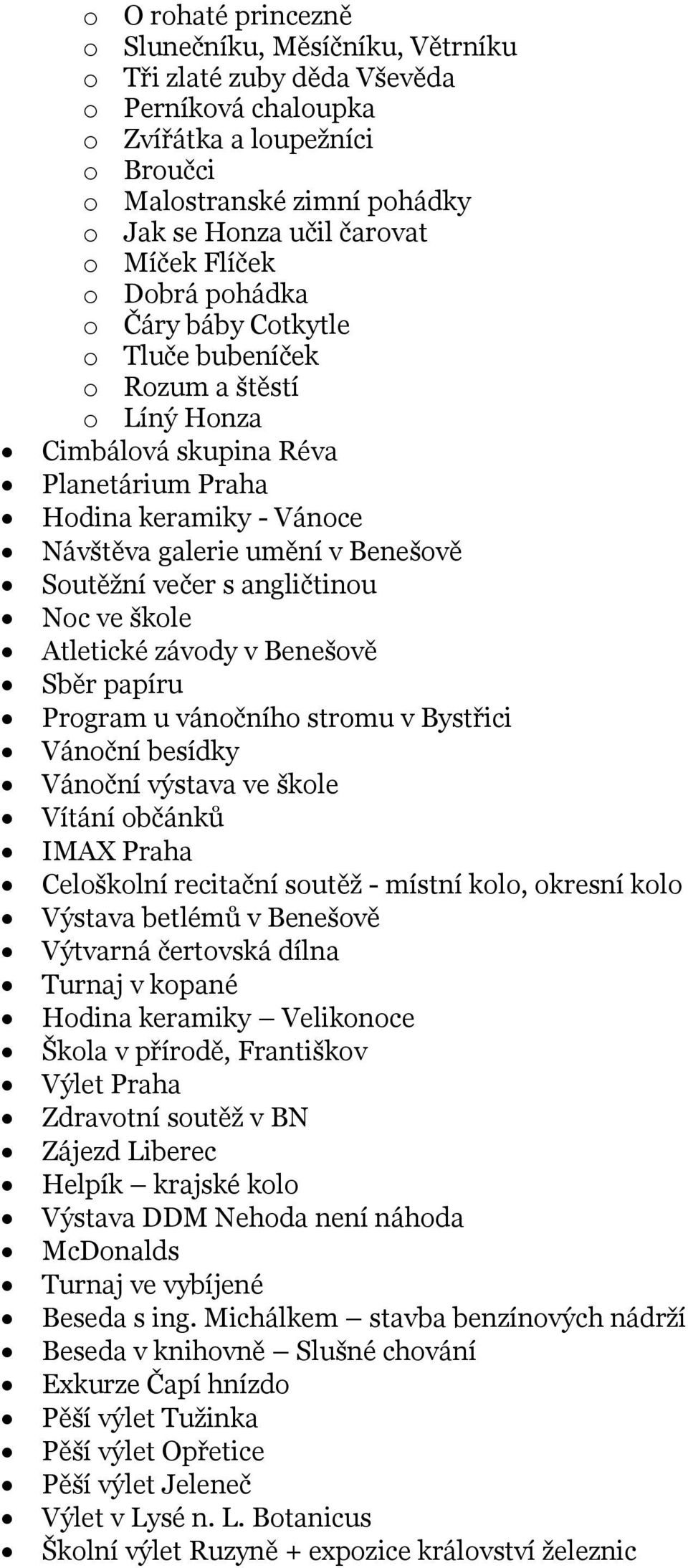 Soutěžní večer s angličtinou Noc ve škole Atletické závody v Benešově Sběr papíru Program u vánočního stromu v Bystřici Vánoční besídky Vánoční výstava ve škole Vítání občánků IMAX Praha Celoškolní