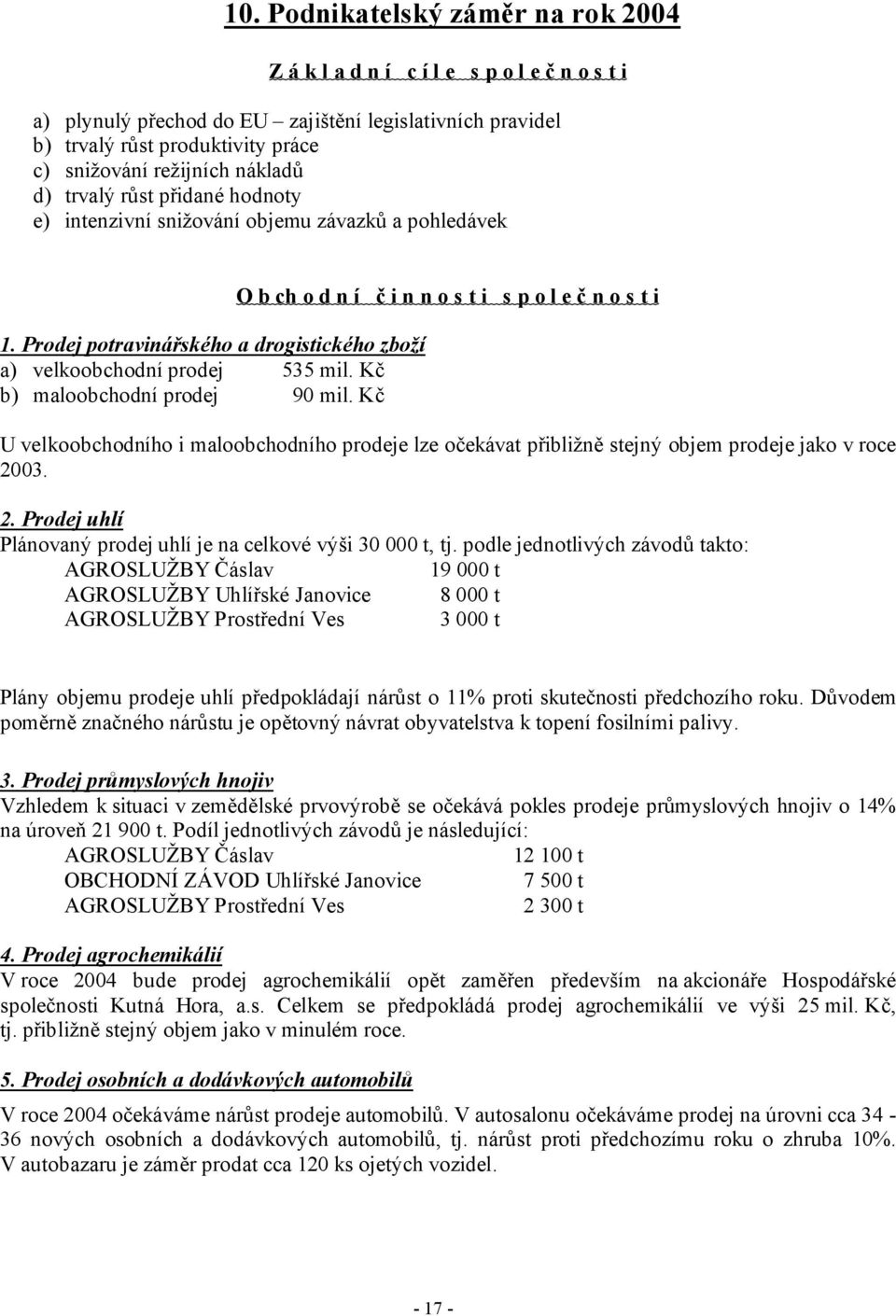 Kč b) maloobchodní prodej 90 mil. Kč O b ch o d n í č i n n o s t i s p o l e č n o s t i U velkoobchodního i maloobchodního prodeje lze očekávat přibližně stejný objem prodeje jako v roce 20