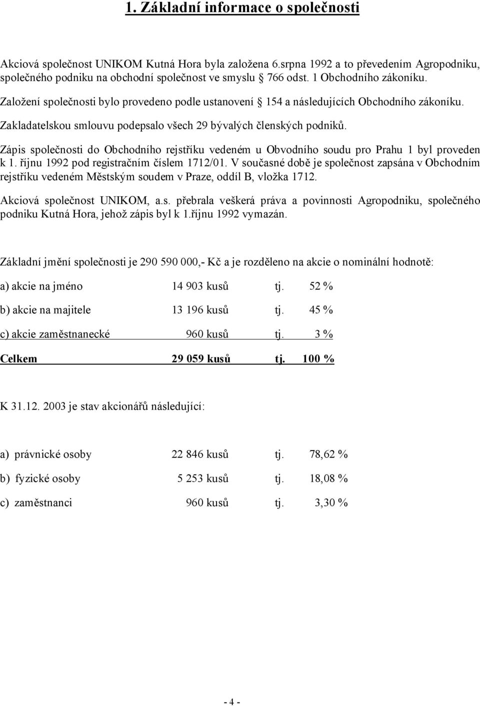 Zápis společnosti do Obchodního rejstříku vedeném u Obvodního soudu pro Prahu 1 byl proveden k 1. říjnu 1992 pod registračním číslem 1712/01.