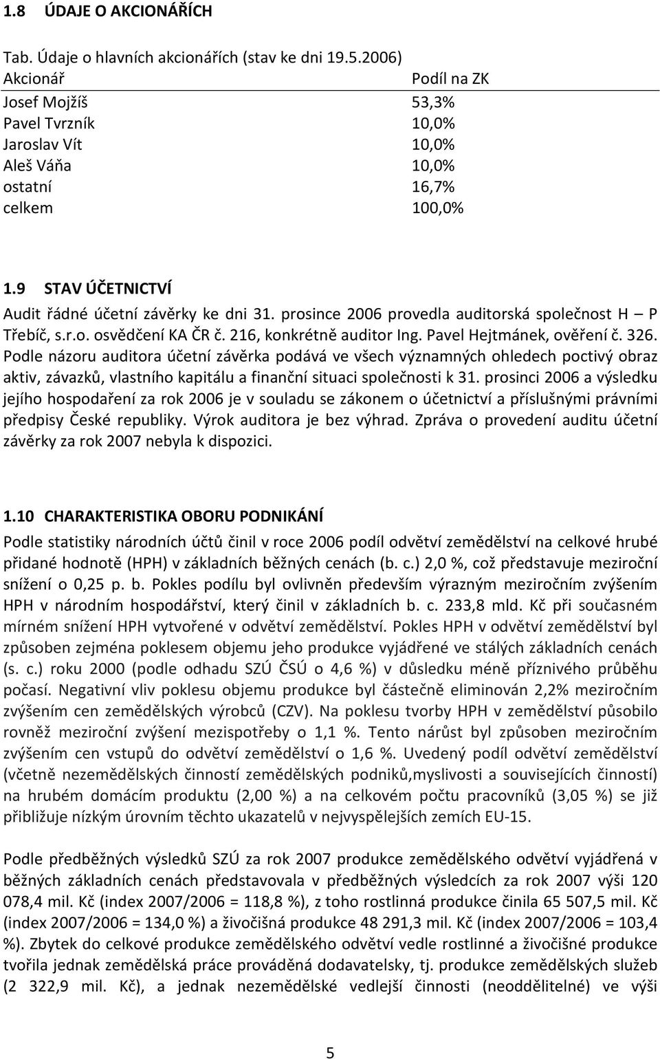 prosince 2006 provedla auditorská společnost H P Třebíč, s.r.o. osvědčení KA ČR č. 216, konkrétně auditor Ing. Pavel Hejtmánek, ověření č. 326.