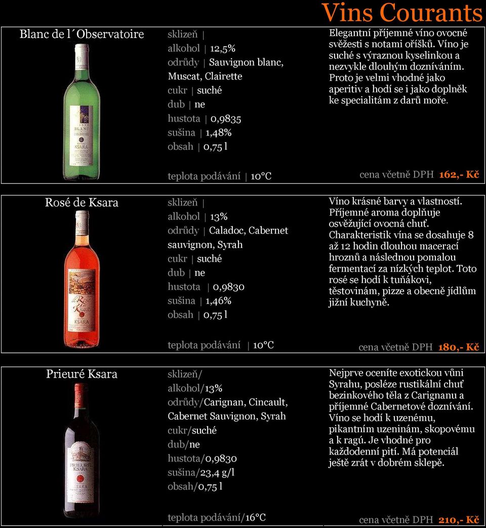 Víno je suché s výraznou kyselinkou a nezvykle dlouhým dozníváním. Proto je velmi vhodné jako aperitiv a hodí se i jako doplněk ke specialitám z darů moře.