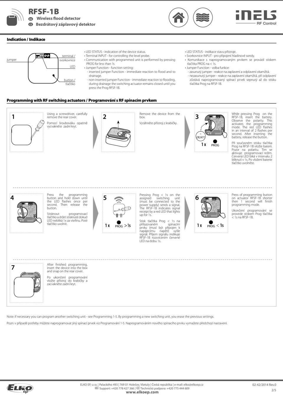 noninserted jumper Function immediate reaction to flooding, during drainage the switching actuator remains closed until you press the Prog RFSF1B. LED STATUS indikace stavu přístroje.