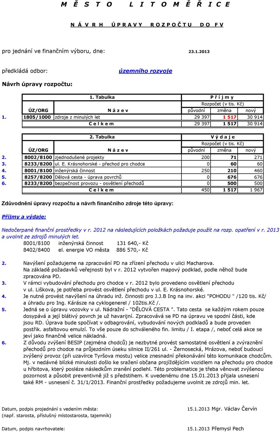 Tabulka N á z e v V ý d a j e Rozpočet (v tis. Kč) původní změna nový 2. 8002/8100 zjednodušené projekty 200 71 271 3. 8233/8200 ul. E. Krásnohorské - přechod pro chodce 0 60 60 4.