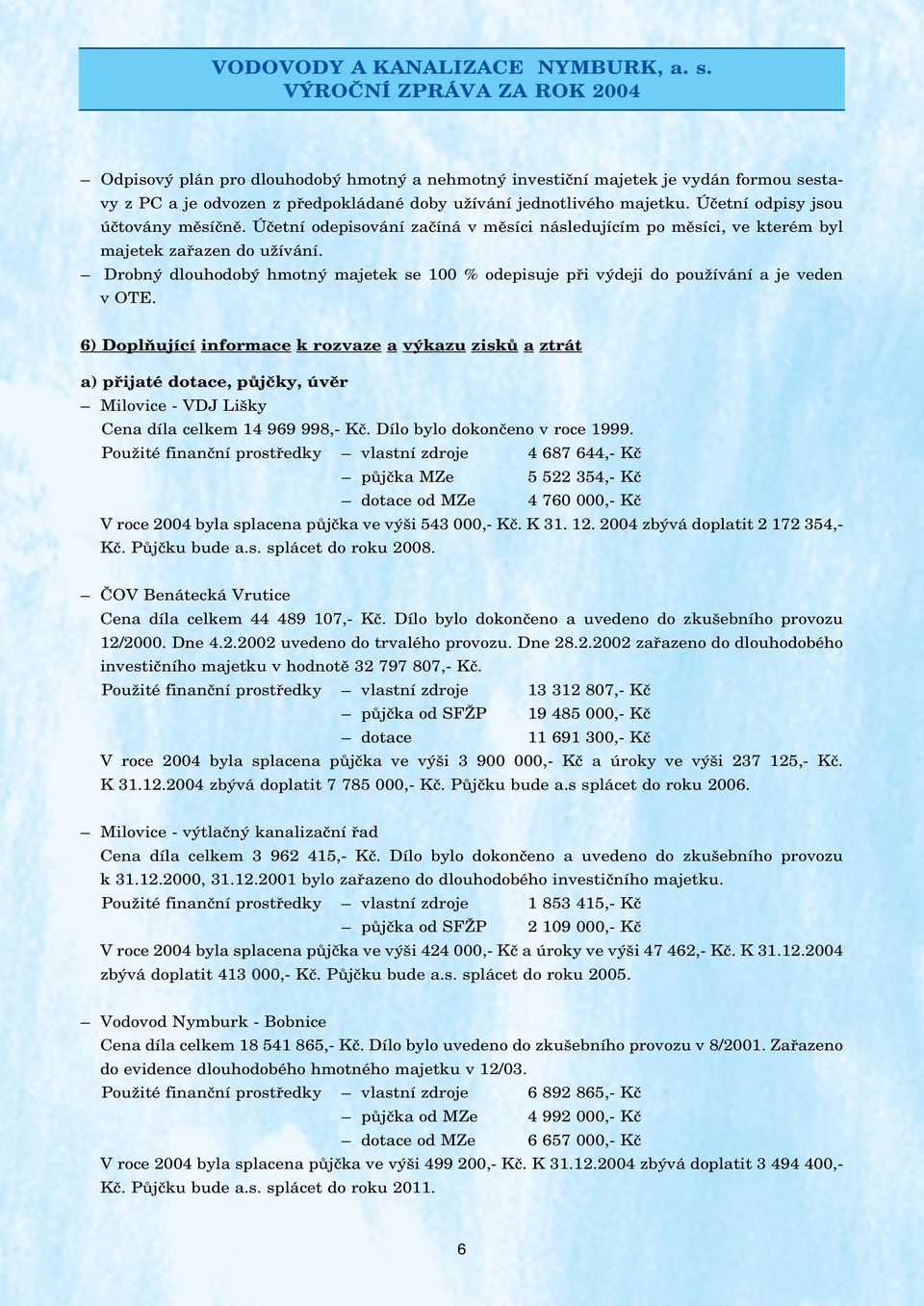 6) Doplňující informace k rozvaze a výkazu zisků a ztrát a) přijaté dotace, půjčky, úvěr Milovice - VDJ Lišky Cena díla celkem 14 969 998,- Kč. Dílo bylo dokončeno v roce 1999.