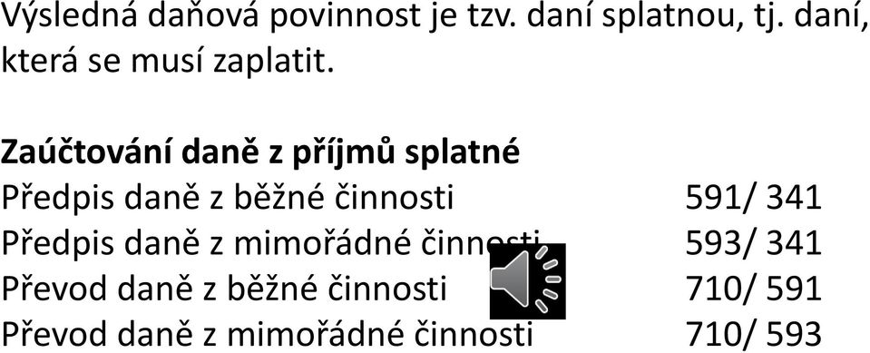 Zaúčtování daně z příjmů splatné Předpis daně z běžné činnosti 591/