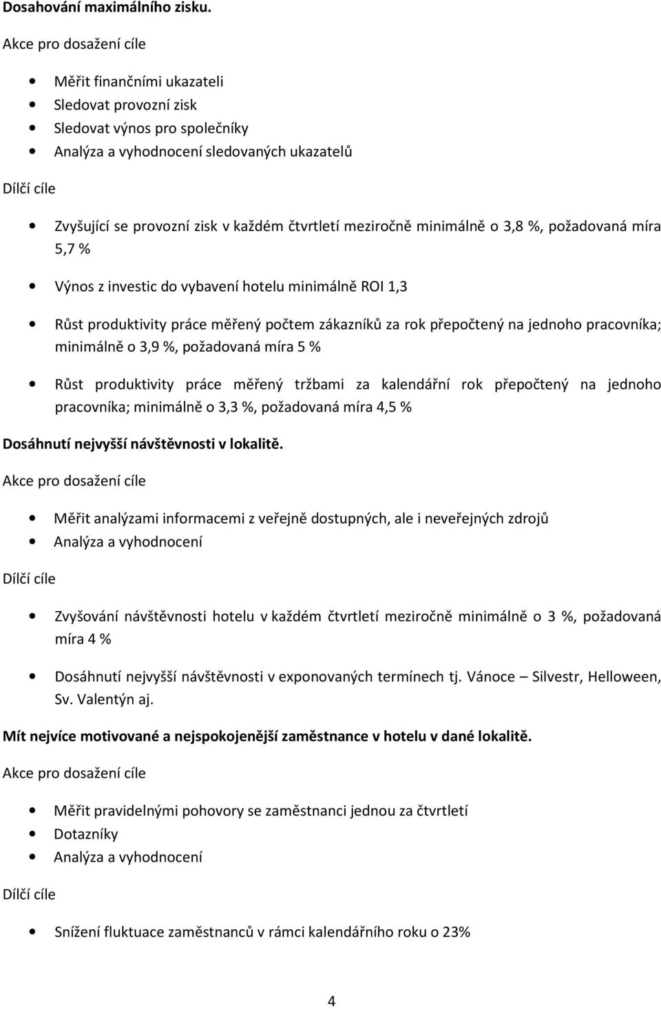 čtvrtletí meziročně minimálně o 3,8 %, požadovaná míra 5,7 % Výnos z investic do vybavení hotelu minimálně ROI 1,3 Růst produktivity práce měřený počtem zákazníků za rok přepočtený na jednoho