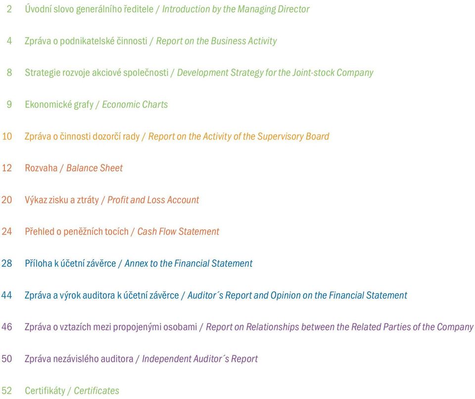 a ztráty / Profit and Loss Account 24 Přehled o peněžních tocích / Cash Flow Statement 28 Příloha k účetní závěrce / Annex to the Financial Statement 44 Zpráva a výrok auditora k účetní závěrce /