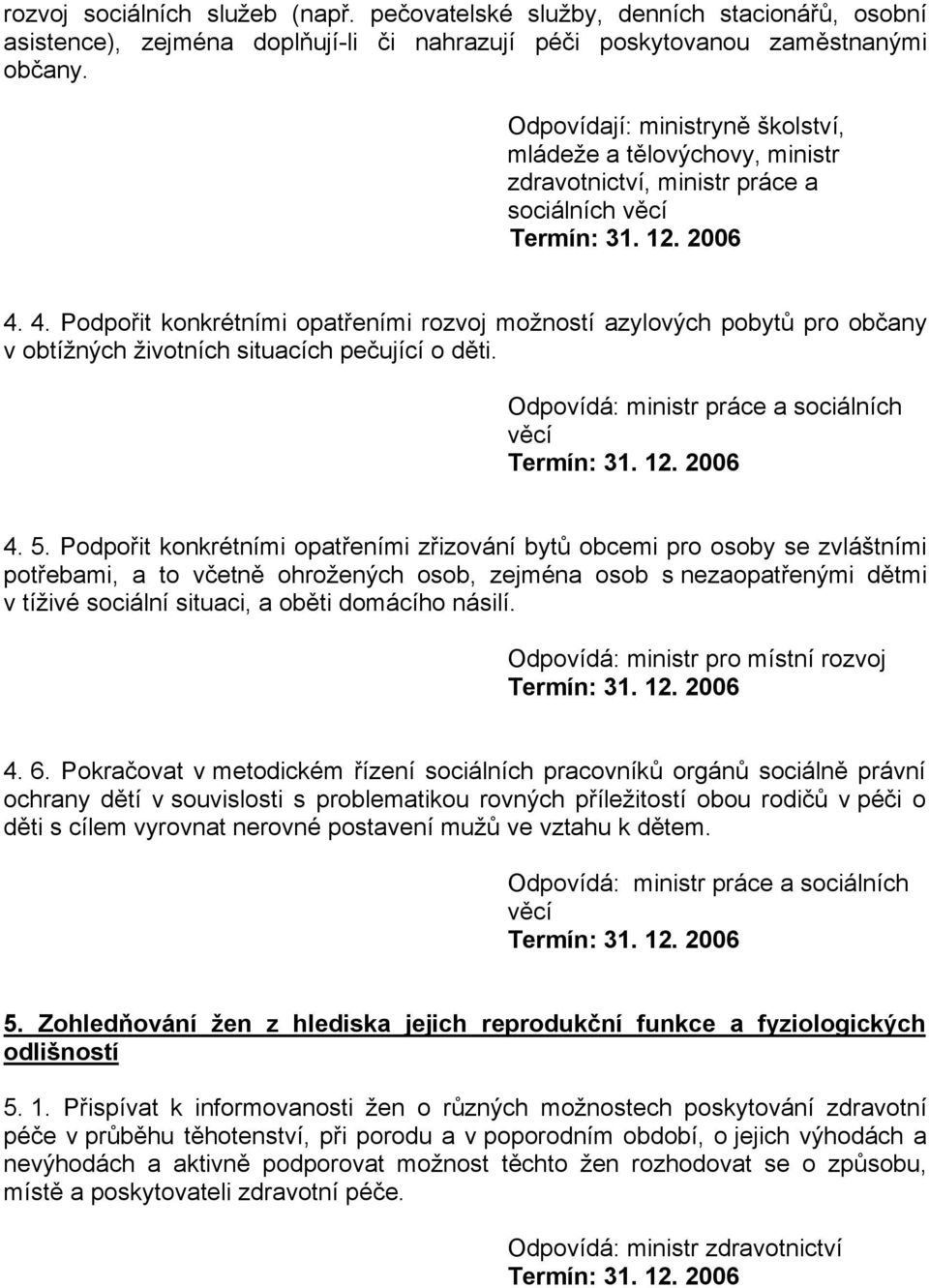 4. Podpořit konkrétními opatřeními rozvoj možností azylových pobytů pro občany v obtížných životních situacích pečující o děti. 4. 5.