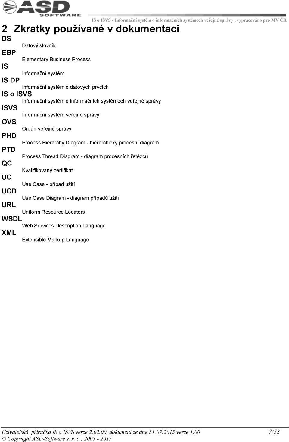 PTD Process Thread Diagram - diagram procesních řetězců QC Kvalifikovaný certifikát UC Use Case - případ užití UCD Use Case Diagram - diagram případů užití URL Uniform