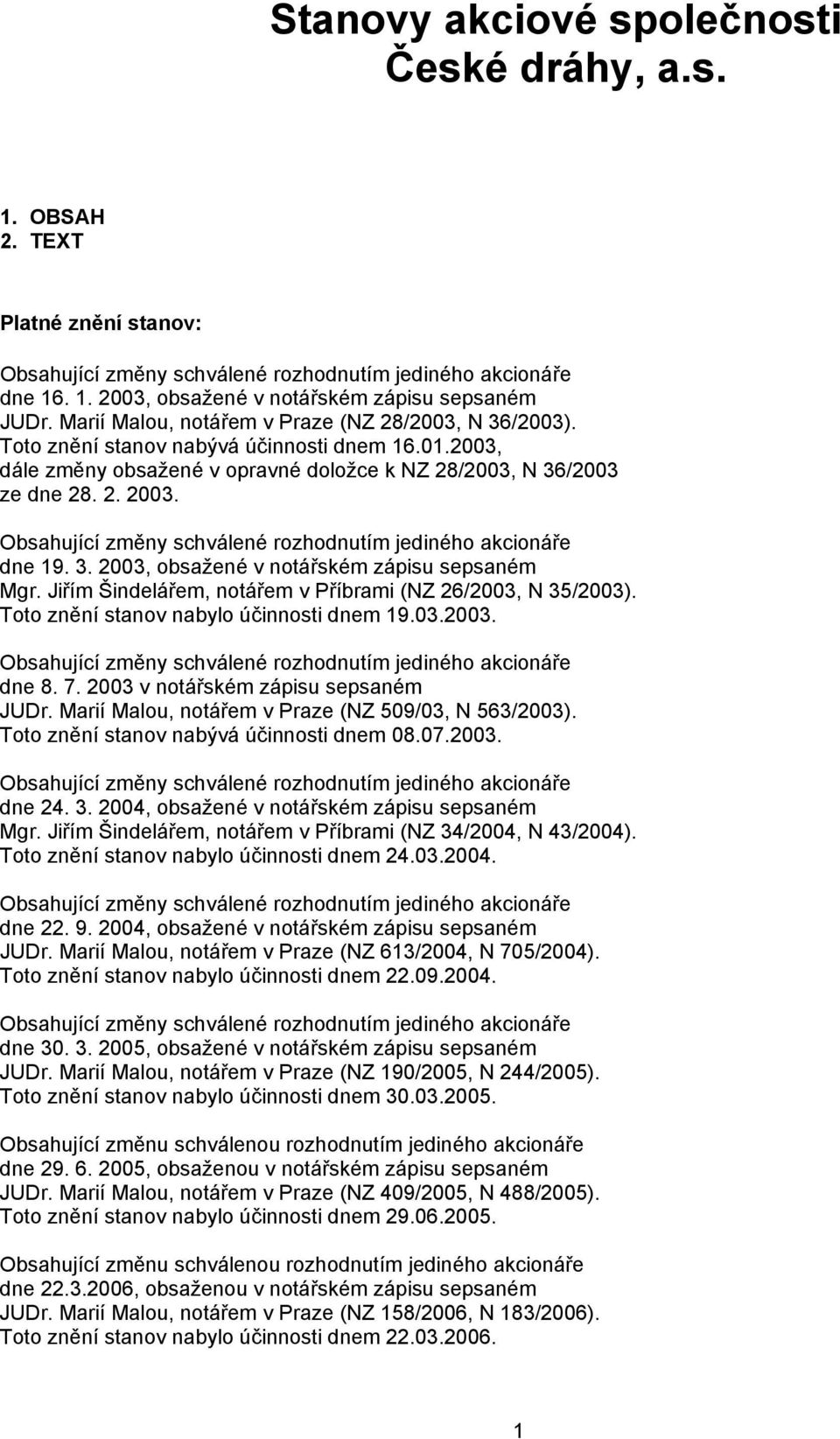 Obsahující změny schválené rozhodnutím jediného akcionáře dne 19. 3. 2003, obsažené v notářském zápisu sepsaném Mgr. Jiřím Šindelářem, notářem v Příbrami (NZ 26/2003, N 35/2003).
