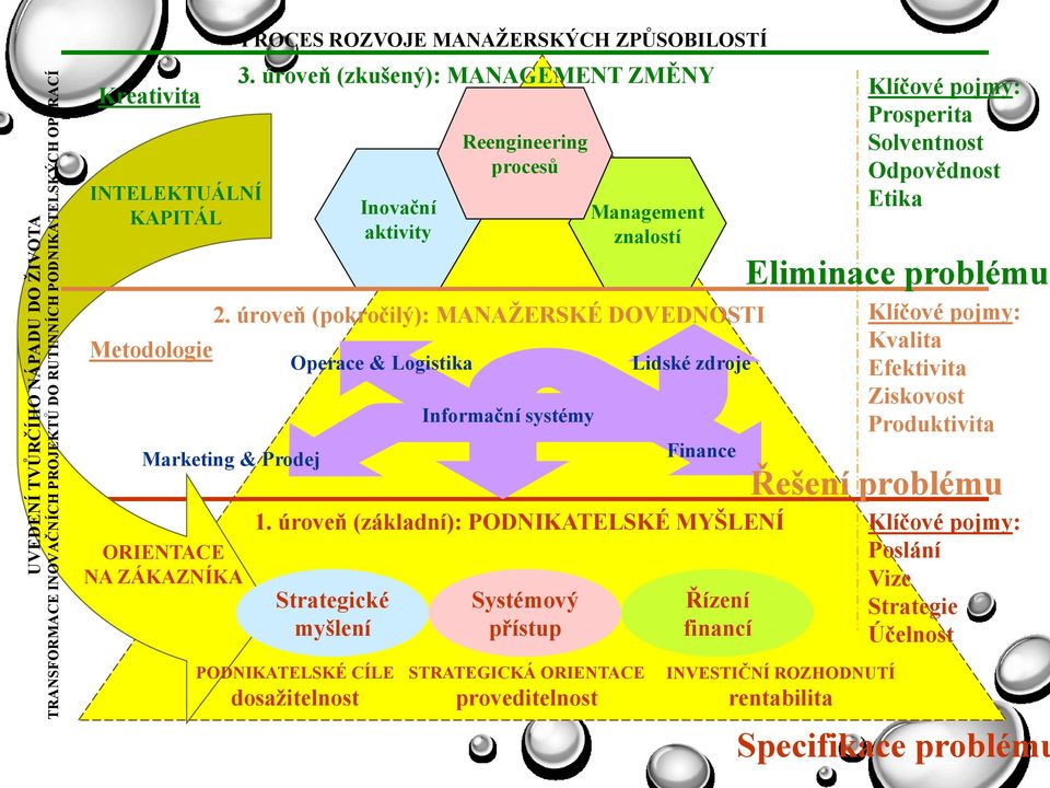 úroveň (základní): PODNIKATELSKÉ MYŠLENÍ Strategické myšlení Inovační aktivity Operace & Logistika Reengineering procesů Informační systémy Systémový přístup Management znalostí Lidské zdroje Finance