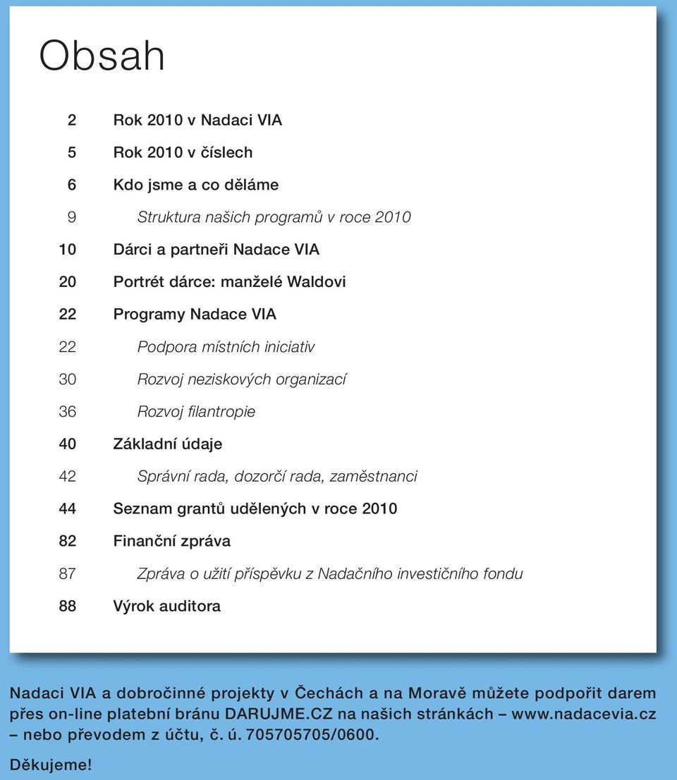 zamûstnanci 44 Seznam grantû udûlen ch v roce 2010 82 Finanãní zpráva 87 Zpráva o uïití pfiíspûvku z Nadaãního investiãního fondu 88 V rok auditora Nadaci VIA a dobroãinné