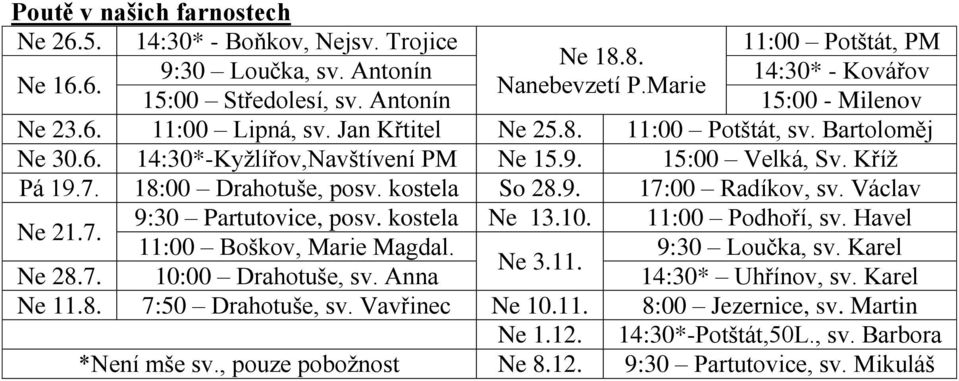 18:00 Drahotuše, posv. kostela So 28.9. 17:00 Radíkov, sv. Václav 9:30 Partutovice, posv. kostela Ne 13.10. 11:00 Podhoří, sv. Havel Ne 21.7. 11:00 Boškov, Marie Magdal. 9:30 Loučka, sv. Karel Ne 3.