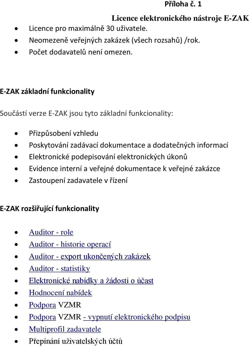 elektronických úkonů Evidence interní a veřejné dokumentace k veřejné zakázce Zastoupení zadavatele v řízení E-ZAK rozšiřující funkcionality Auditor - role Auditor - historie operací Auditor