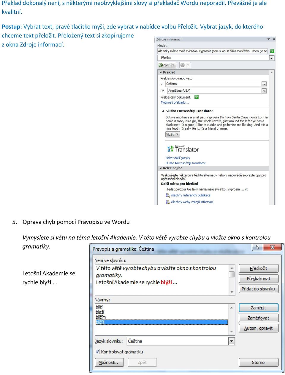 Vybrat jazyk, do kterého chceme text přeložit. Přeložený text si zkopírujeme z okna Zdroje informací. 5.