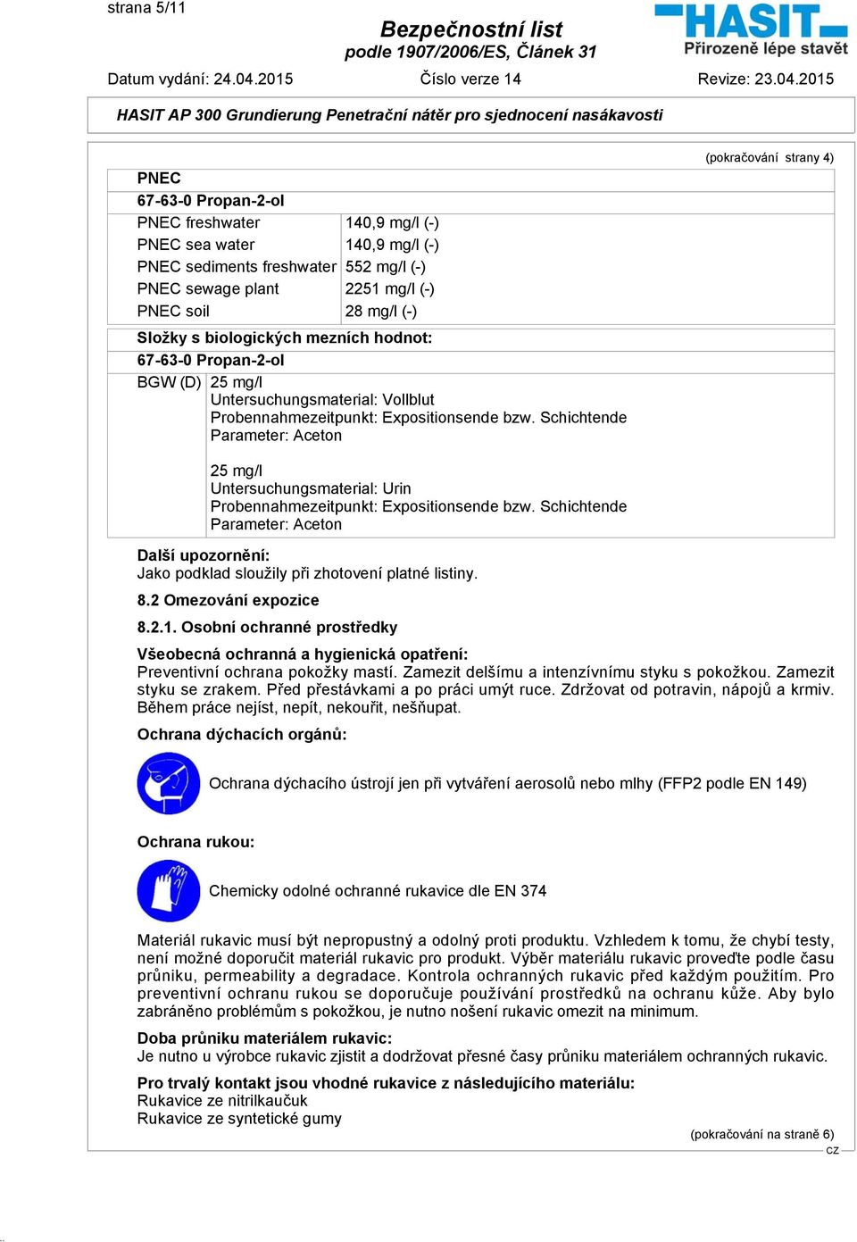 Schichtende Parameter: Aceton (pokračování strany 4) 25 mg/l Untersuchungsmaterial: Urin Probennahmezeitpunkt: Expositionsende bzw.