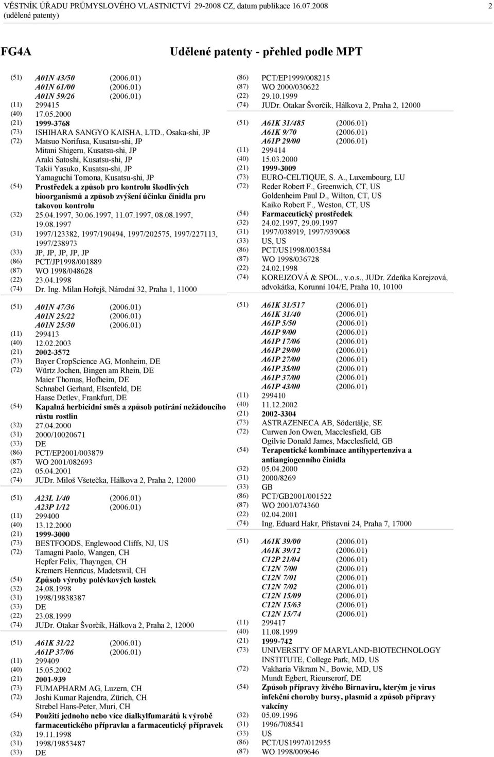 kontrolu škodlivých bioorganismů a způsob zvýšení účinku činidla pro takovou kontrolu 25.04.1997, 30.06.1997, 11.07.1997, 08.