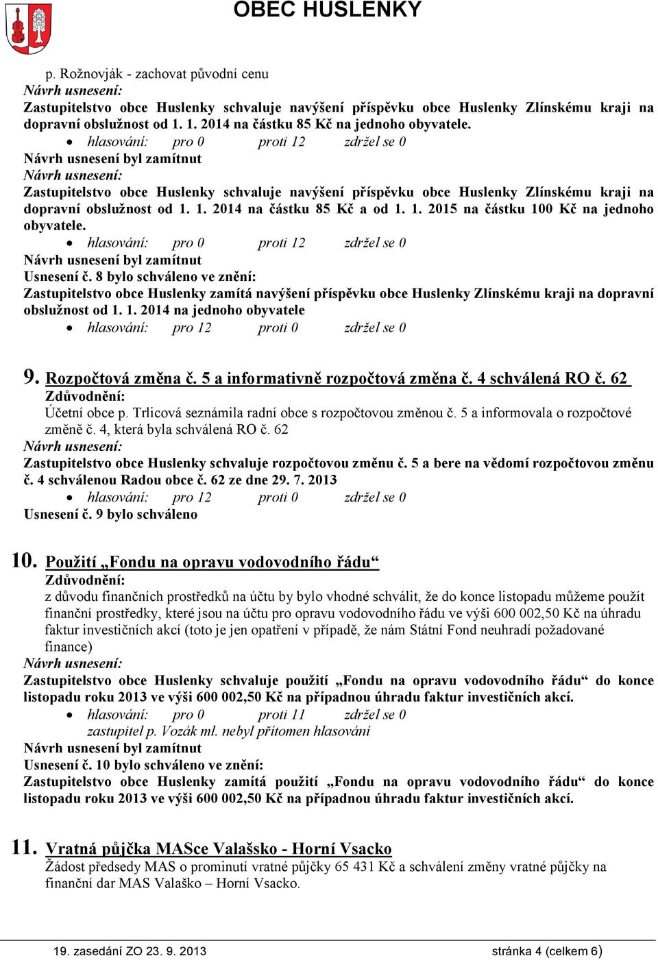 1. 2015 na částku 100 Kč na jednoho obyvatele. hlasování: pro 0 proti 12 zdržel se 0 Návrh usnesení byl zamítnut Usnesení č.