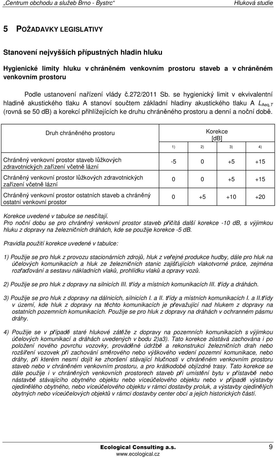 se hygienický limit v ekvivalentní hladině akustického tlaku A stanoví součtem základní hladiny akustického tlaku A L Aeq,T (rovná se 50 db) a korekcí přihlížejících ke druhu chráněného prostoru a