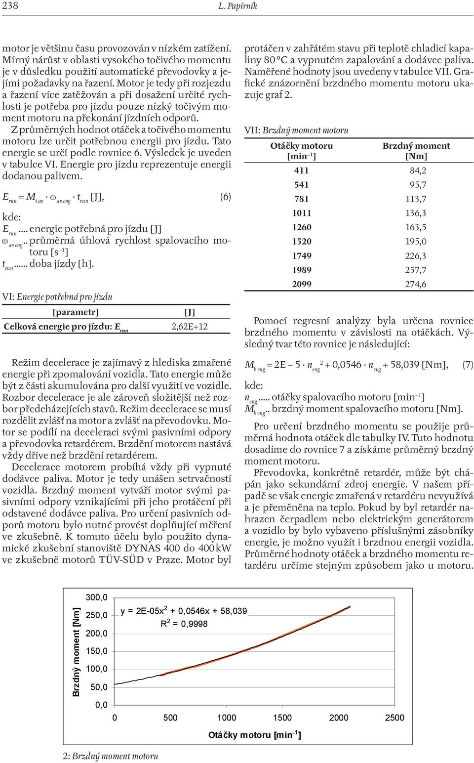 Z průměrých hodot otáček a točivého mometu motoru lze určit potřebou eergii pro jízdu. Tato eergie se určí podle rovice 6. Výsledek je uvede v tabulce VI.