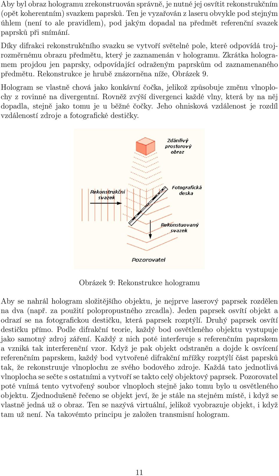 Díky difrakci rekonstrukčního svazku se vytvoří světelné pole, které odpovídá trojrozměrnému obrazu předmětu, který je zaznamenán v hologramu.