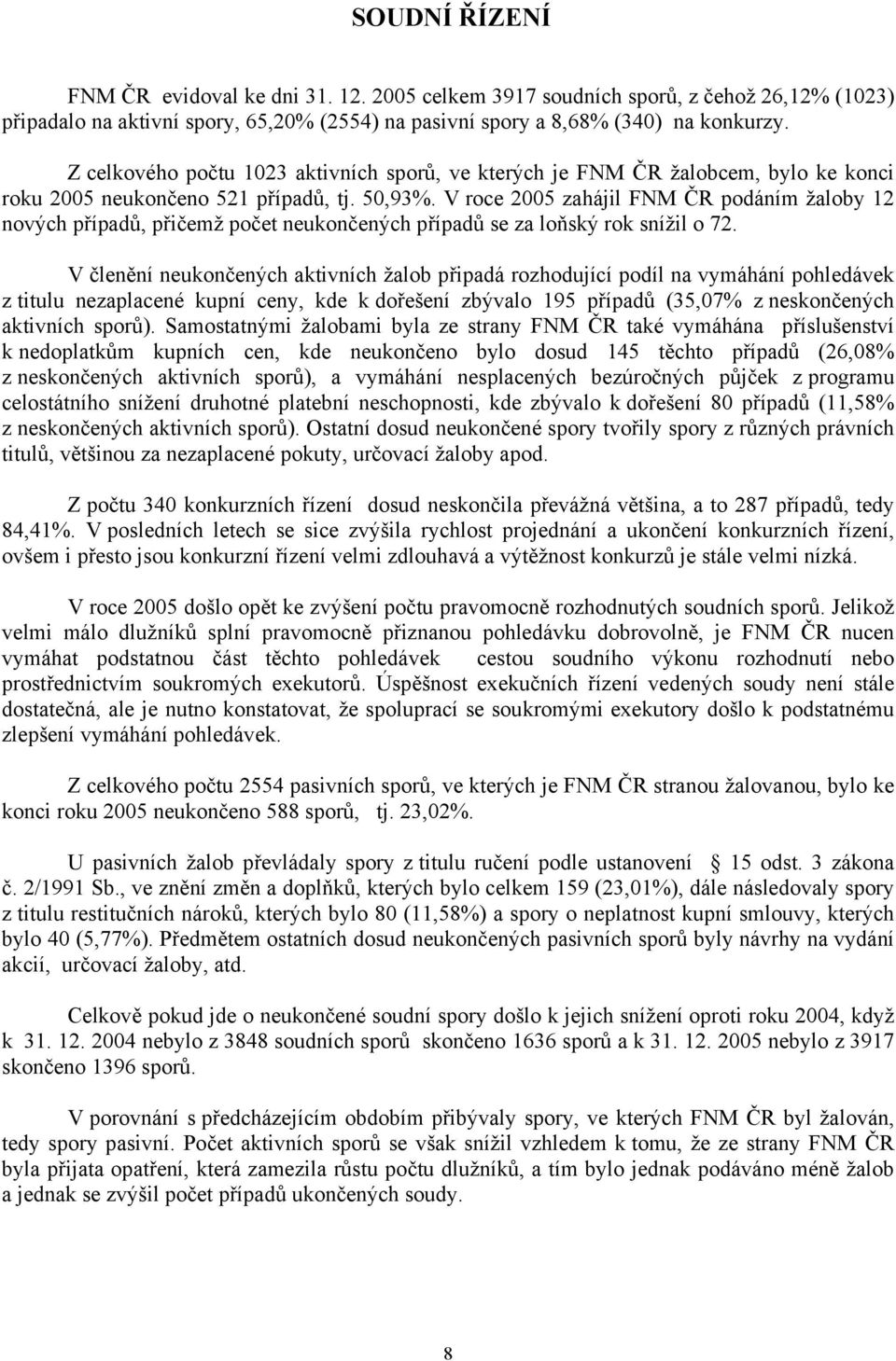 V roce 2005 zahájil FNM ČR podáním žaloby 12 nových případů, přičemž počet neukončených případů se za loňský rok snížil o 72.