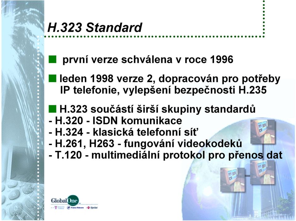 323 součástí širší skupiny standardů - H.320 - ISDN komunikace - H.