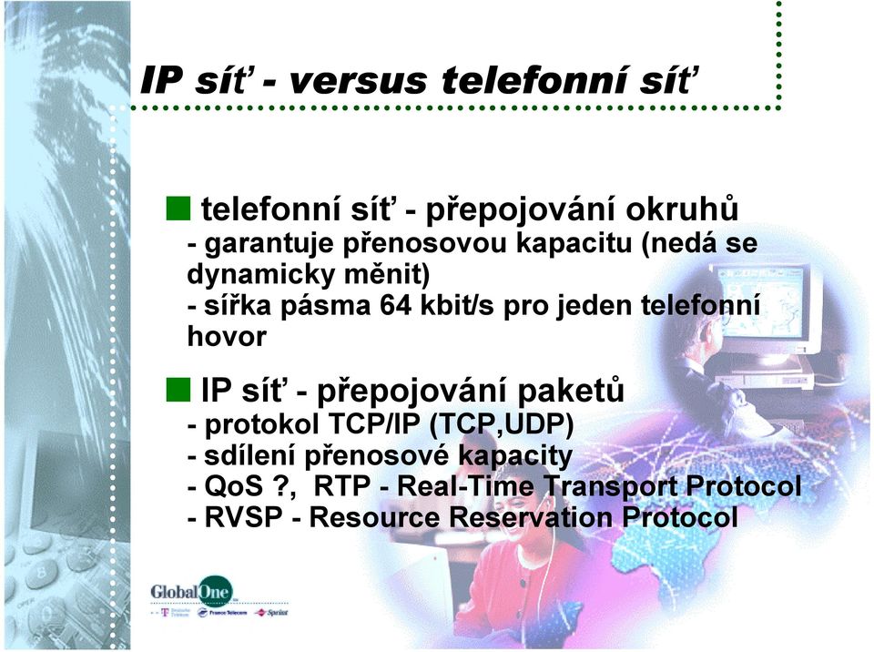 telefonní hovor IP síť - přepojování paketů - protokol TCP/IP (TCP,UDP) - sdílení