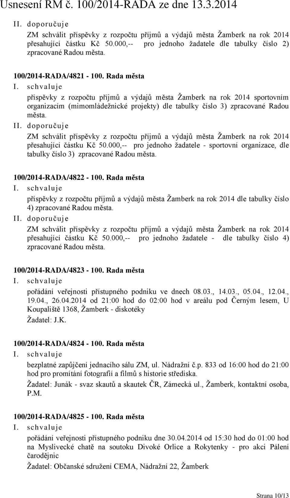doporučuje ZM schválit příspěvky z rozpočtu příjmů a výdajů města Žamberk na rok 2014 přesahující částku Kč 50.