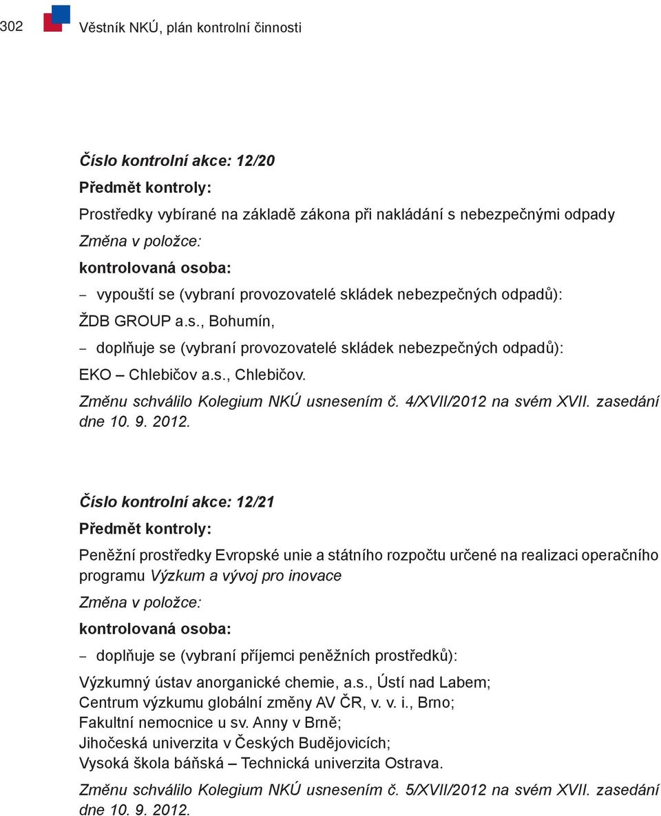 Změnu schválilo Kolegium NKÚ usnesením č. 4/XVII/2012 na svém XVII. zasedání dne 10. 9. 2012.