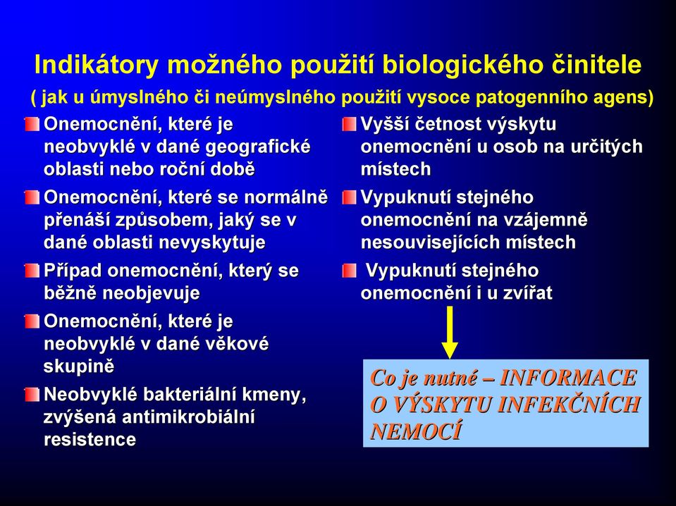 Onemocnění,, které je neobvyklé v dané věkové skupině Neobvyklé bakteriáln lní kmeny, zvýšen ená antimikrobiáln lní resistence Vyšší četnost výskytu onemocnění u osob