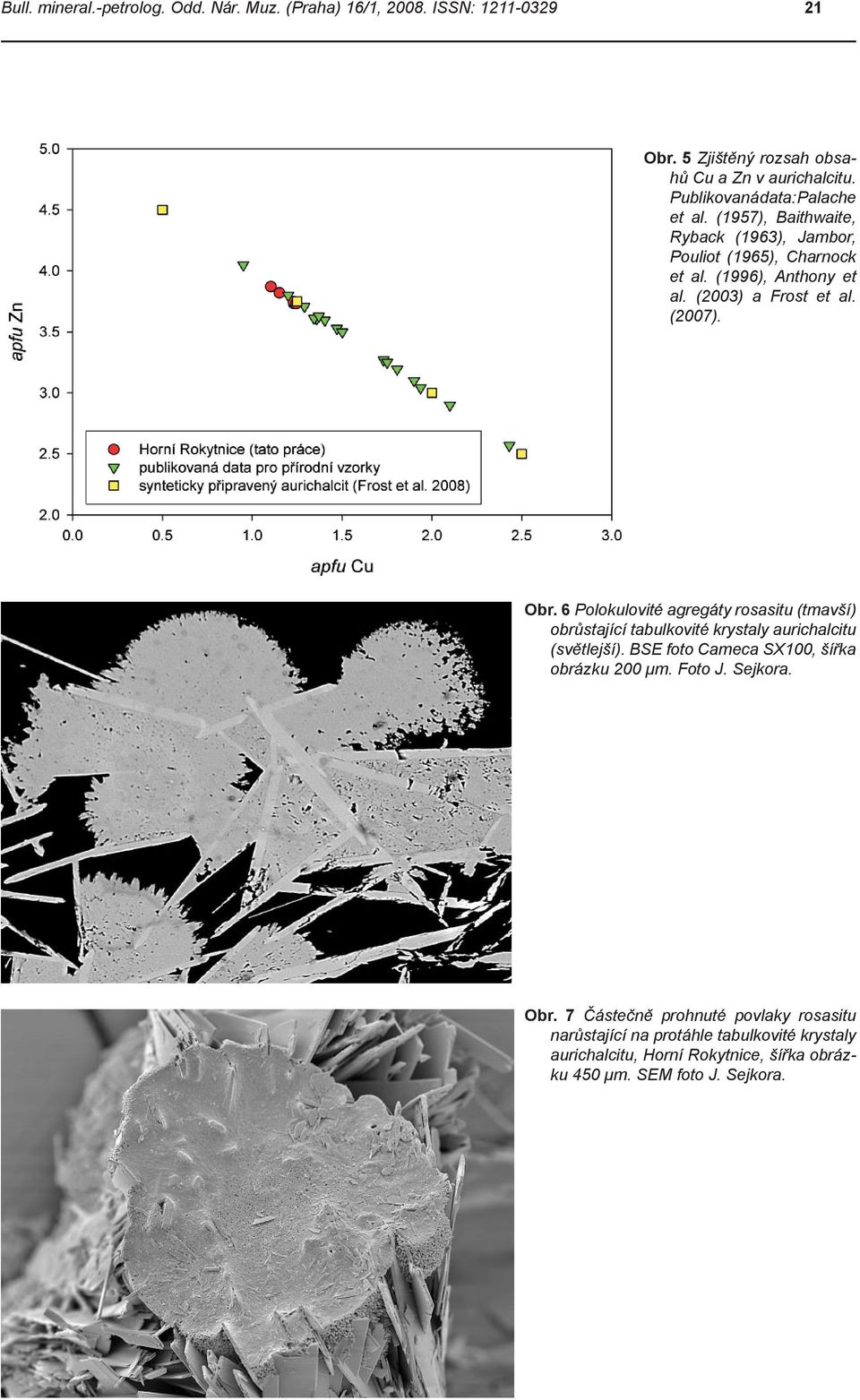 (2007). Obr. 6 Polokulovité agregáty rosasitu (tmavší) obrůstající tabulkovité krystaly aurichalcitu (světlejší).