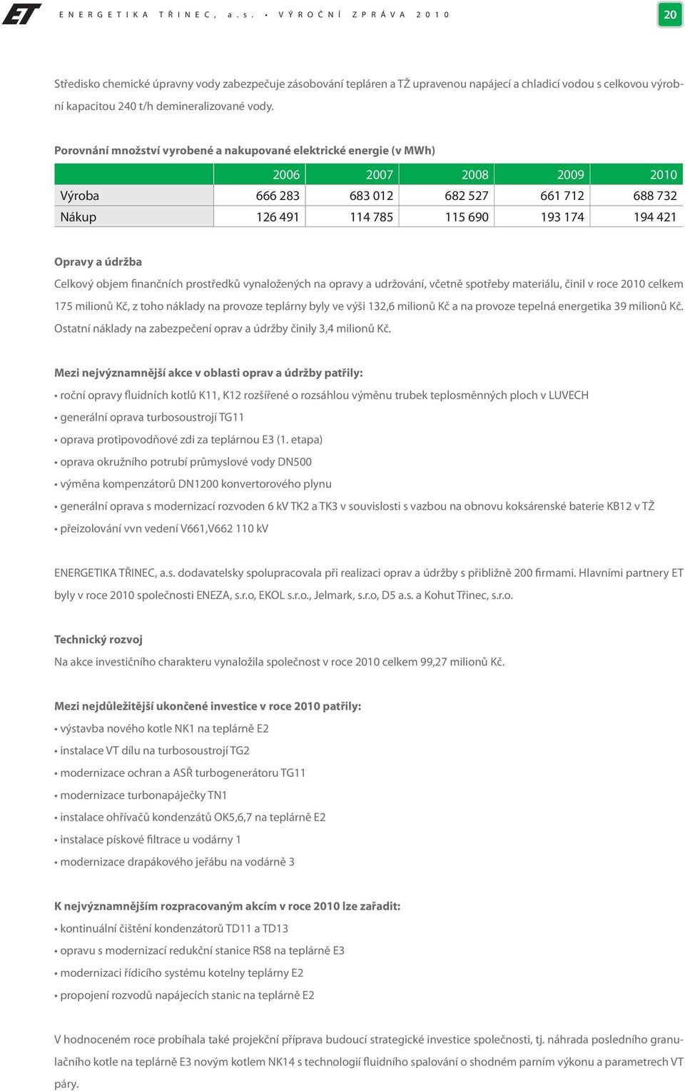 vody. Porovnání množství vyrobené a nakupované elektrické energie (v MWh) 2006 2007 2008 2009 2010 Výroba 666 283 683 012 682 527 661 712 688 732 Nákup 126 491 114 785 115 690 193 174 194 421 Opravy