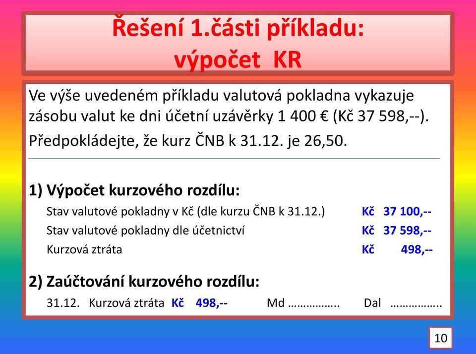 uzávěrky 1 400 (Kč 37 598,--). Předpokládejte, že kurz ČNB k 31.12. je 26,50.