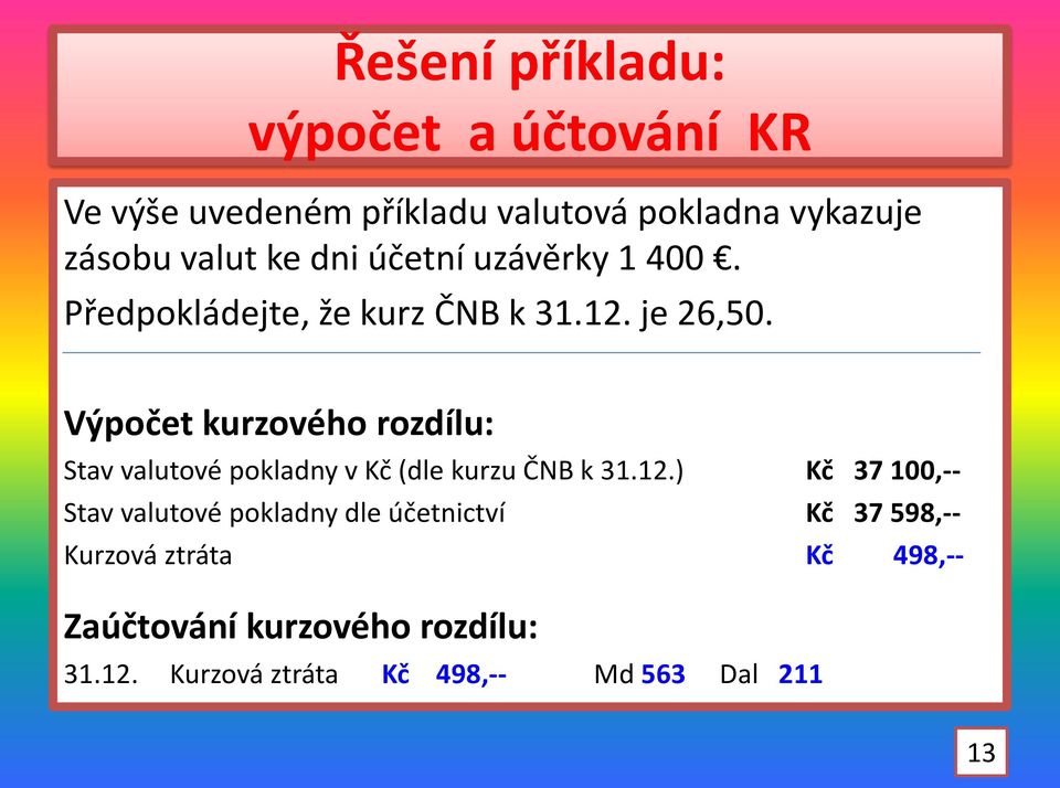 Výpočet kurzového rozdílu: Stav valutové pokladny v Kč (dle kurzu ČNB k 31.12.