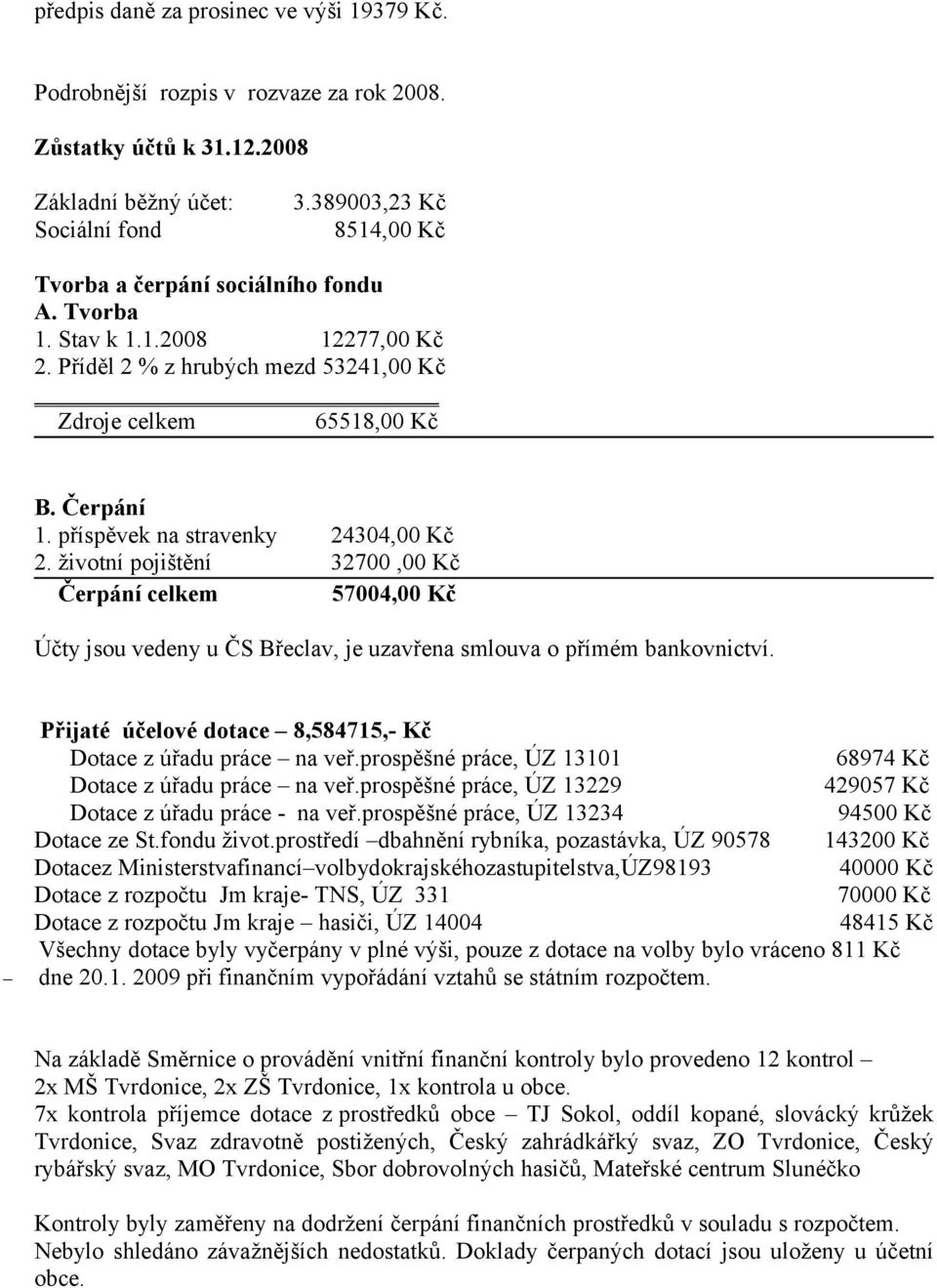 příspěvek na stravenky 24304,00 Kč 2. životní pojištění 32700,00 Kč Čerpání celkem 57004,00 Kč Účty jsou vedeny u ČS Břeclav, je uzavřena smlouva o přímém bankovnictví.