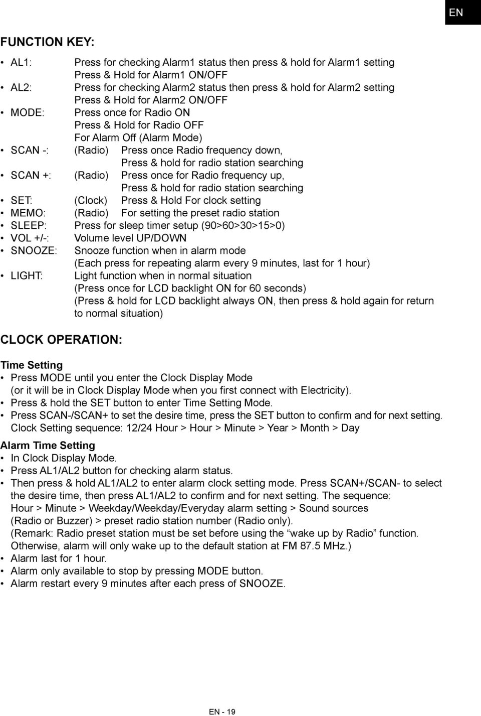 searching SCAN +: (Radio) Press once for Radio frequency up, Press & hold for radio station searching SET: (Clock) Press & Hold For clock setting MEMO: (Radio) For setting the preset radio station