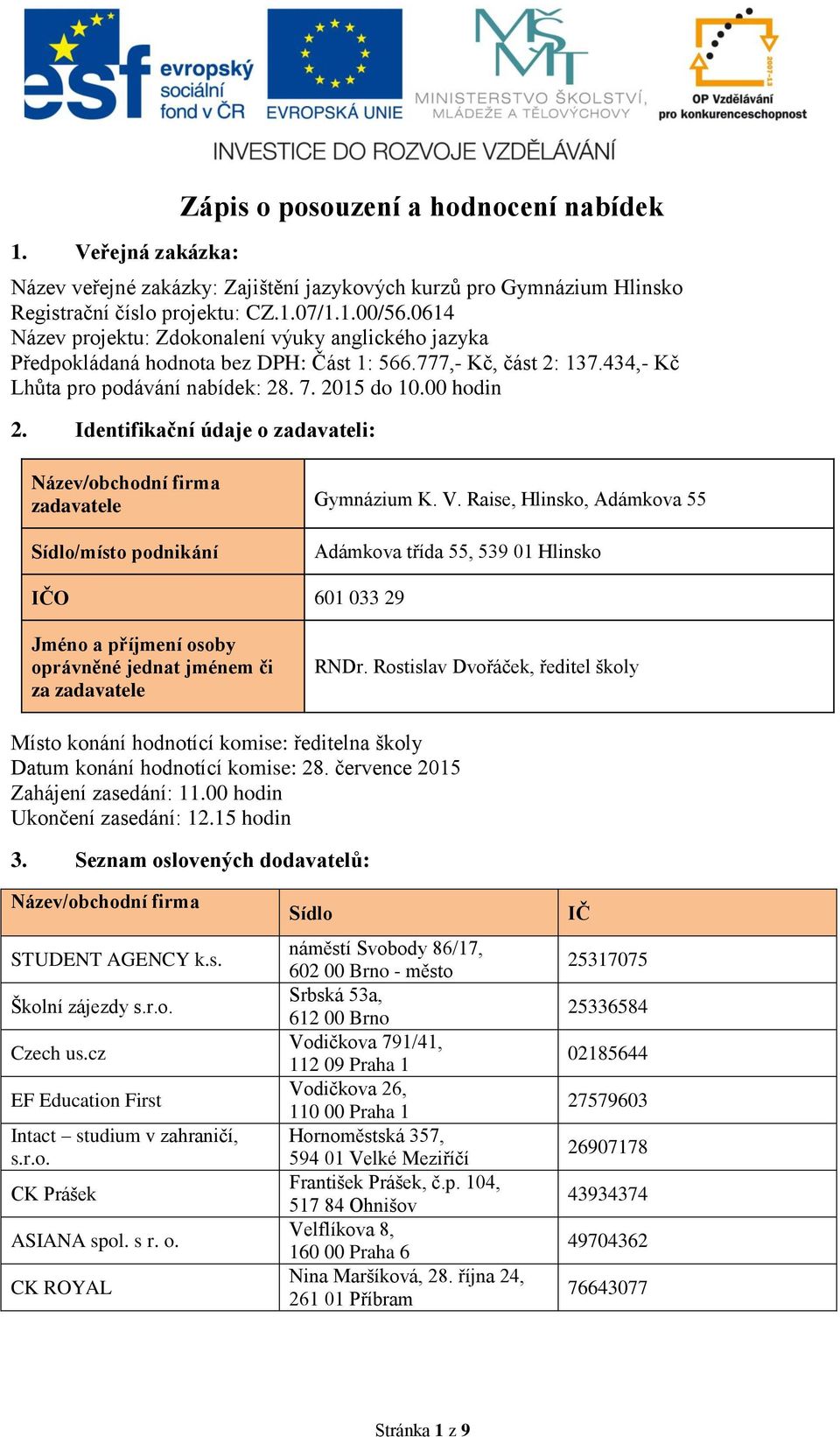 Identifikační údaje o zadavateli: Název/obchodní firma zadavatele Gymnázium K. V.