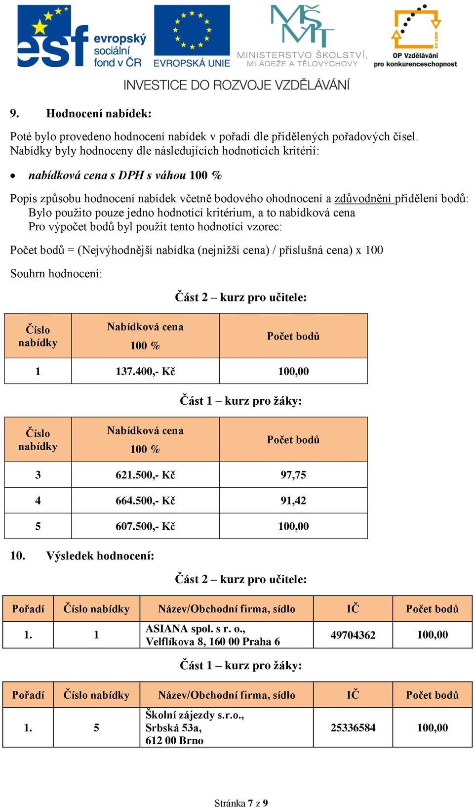 jedno hodnotící kritérium, a to nabídková cena Pro výpočet bodů byl použit tento hodnotící vzorec: Počet bodů = (jvýhodnější nabídka (nejnižší cena) / příslušná cena) x 100 Souhrn hodnocení: