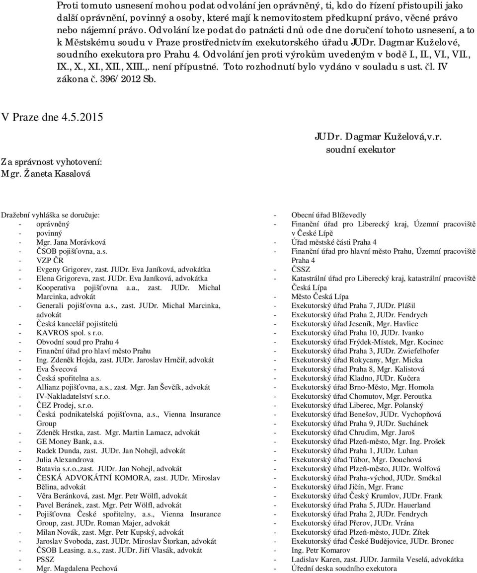 Odvolání jen proti výrokům uvedeným v bodě I., II., VI., VII., IX., X., XI., XII., XIII.,. není přípustné. Toto rozhodnutí bylo vydáno v souladu s ust. čl. IV zákona č. 396/2012 Sb. V Praze dne 4.5.