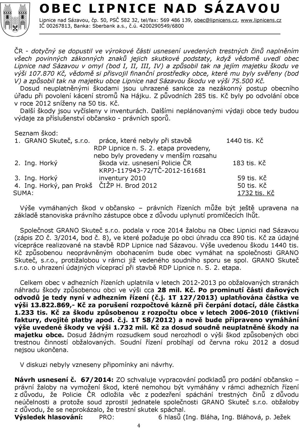 870 Kč, vědomě si přisvojil finanční prostředky obce, které mu byly svěřeny (bod V) a způsobil tak na majetku obce Lipnice nad Sázavou škodu ve výši 75.500 Kč.