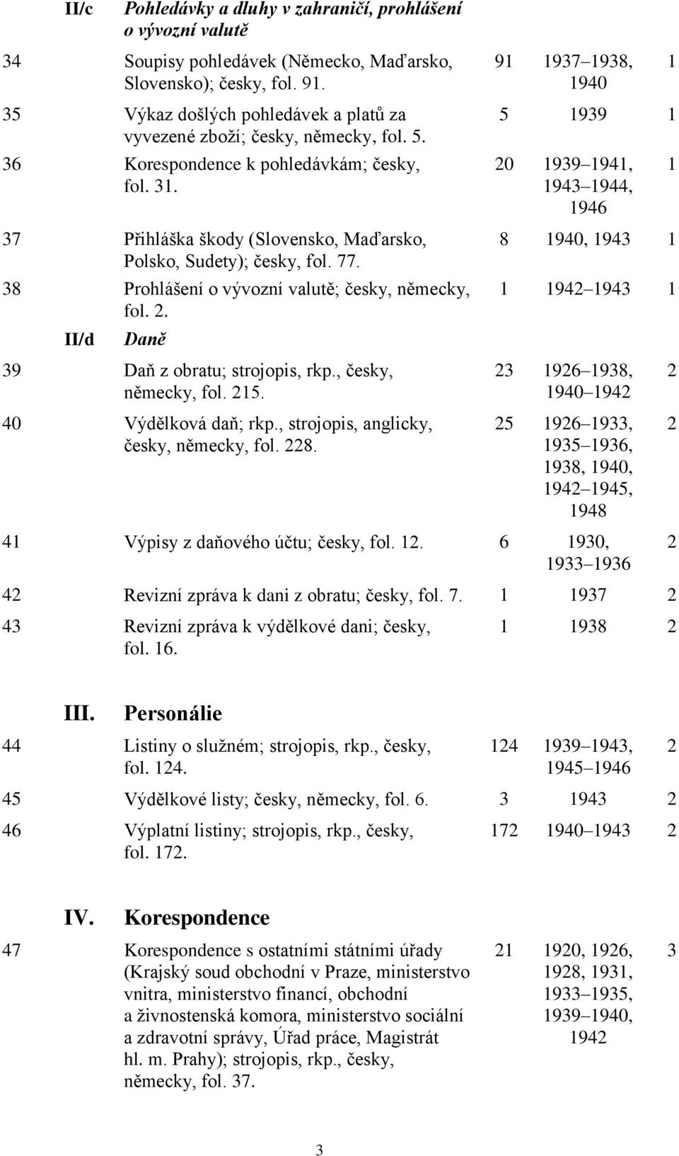 38 Prohlášení o vývozní valutě; česky, německy, fol. 2. II/d Daně 39 Daň z obratu; strojopis, rkp., česky, německy, fol. 215. 40 Výdělková daň; rkp., strojopis, anglicky, česky, německy, fol. 228.