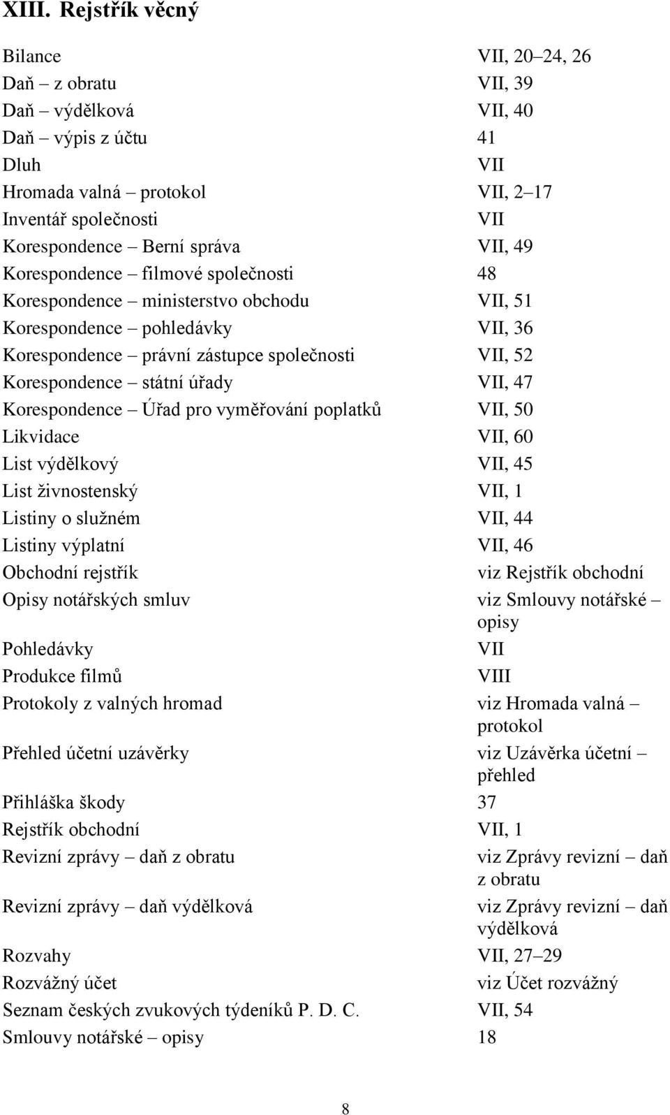 úřady VII, 47 Korespondence Úřad pro vyměřování poplatků VII, 50 Likvidace VII, 60 List výdělkový VII, 45 List živnostenský VII, 1 Listiny o služném VII, 44 Listiny výplatní VII, 46 Obchodní rejstřík