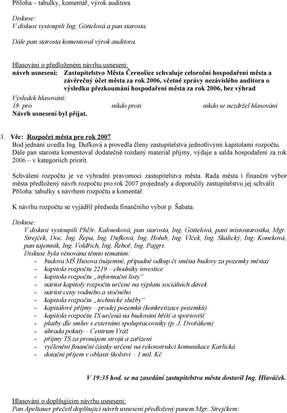 rok 2006, bez výhrad 3. Věc: Rozpočet města pro rok 2007 Bod jednání uvedla Ing. Dufková a provedla členy zastupitelstva jednotlivými kapitolami rozpočtu.