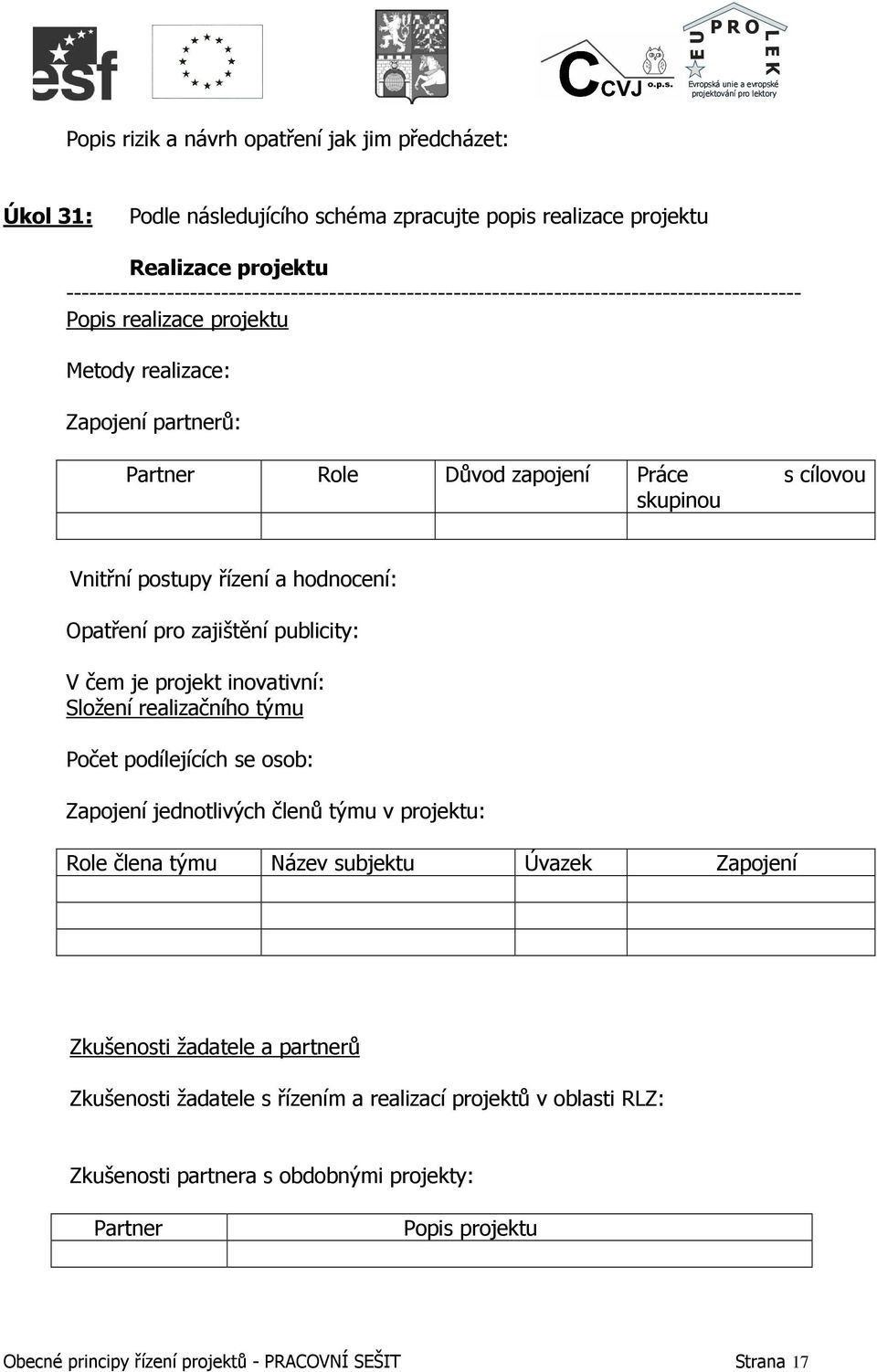 inovativní: Složení realizačního týmu Počet podílejících se osob: Zapojení jednotlivých členů týmu v projektu: Role člena týmu Název subjektu Úvazek Zapojení Zkušenosti žadatele a