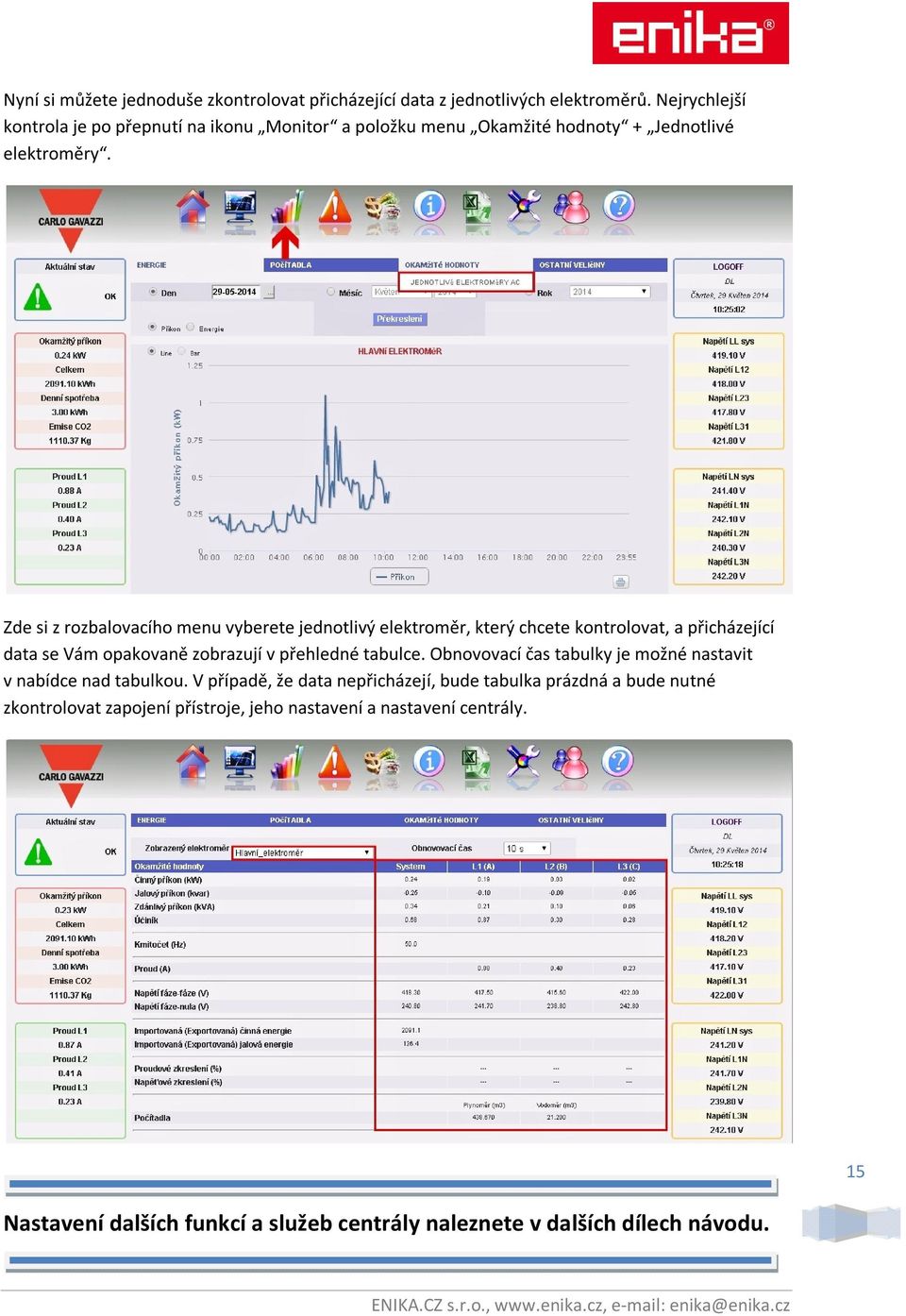 Zde si z rozbalovacího menu vyberete jednotlivý elektroměr, který chcete kontrolovat, a přicházející data se Vám opakovaně zobrazují v přehledné tabulce.