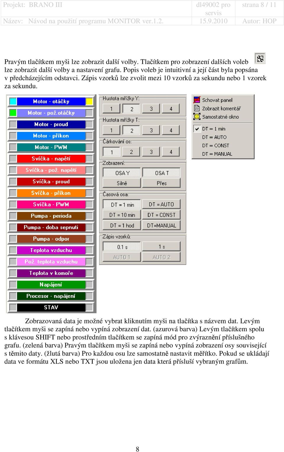 Zobrazovaná data je možné vybrat kliknutím myši na tlačítka s názvem dat. Levým tlačítkem myši se zapíná nebo vypíná zobrazení dat.