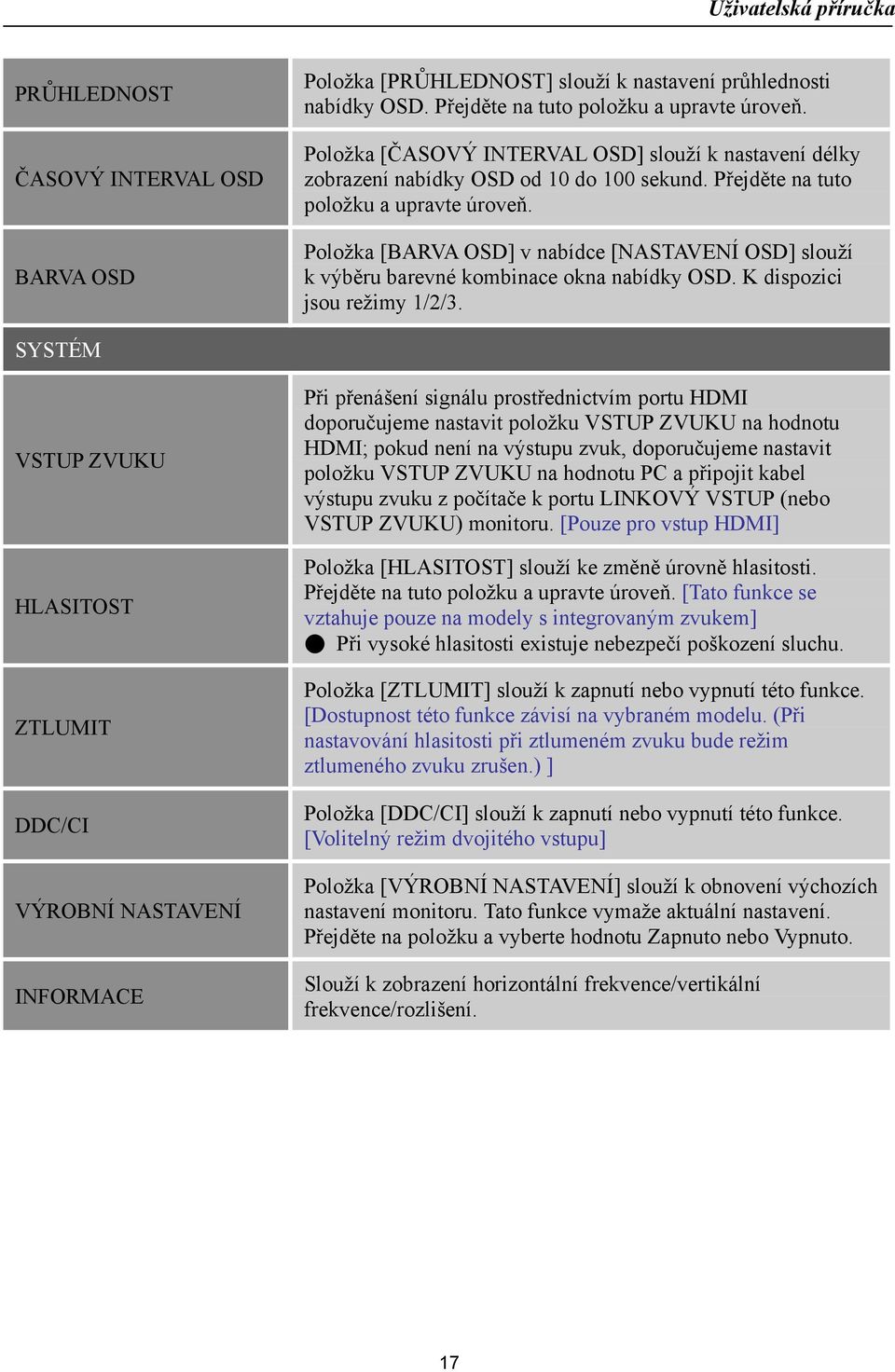 Položka [BARVA OSD] v nabídce [NASTAVENÍ OSD] slouží k výběru barevné kombinace okna nabídky OSD. K dispozici jsou režimy 1/2/3.