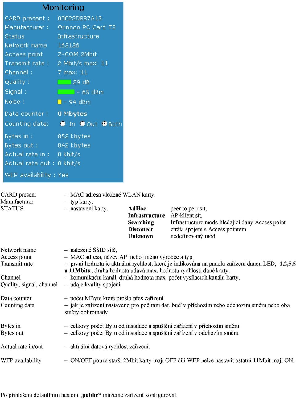 mód. Network name nalezené SSID sítě, Access point MAC adresa, název AP nebo jméno výrobce a typ.